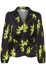 Load image into Gallery viewer, ICHI Leaf Pattern Ruched Blouse - Parrot Green
