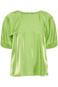 ICHI Shiny T-Shirt With Puff Sleeve - Parrot Green