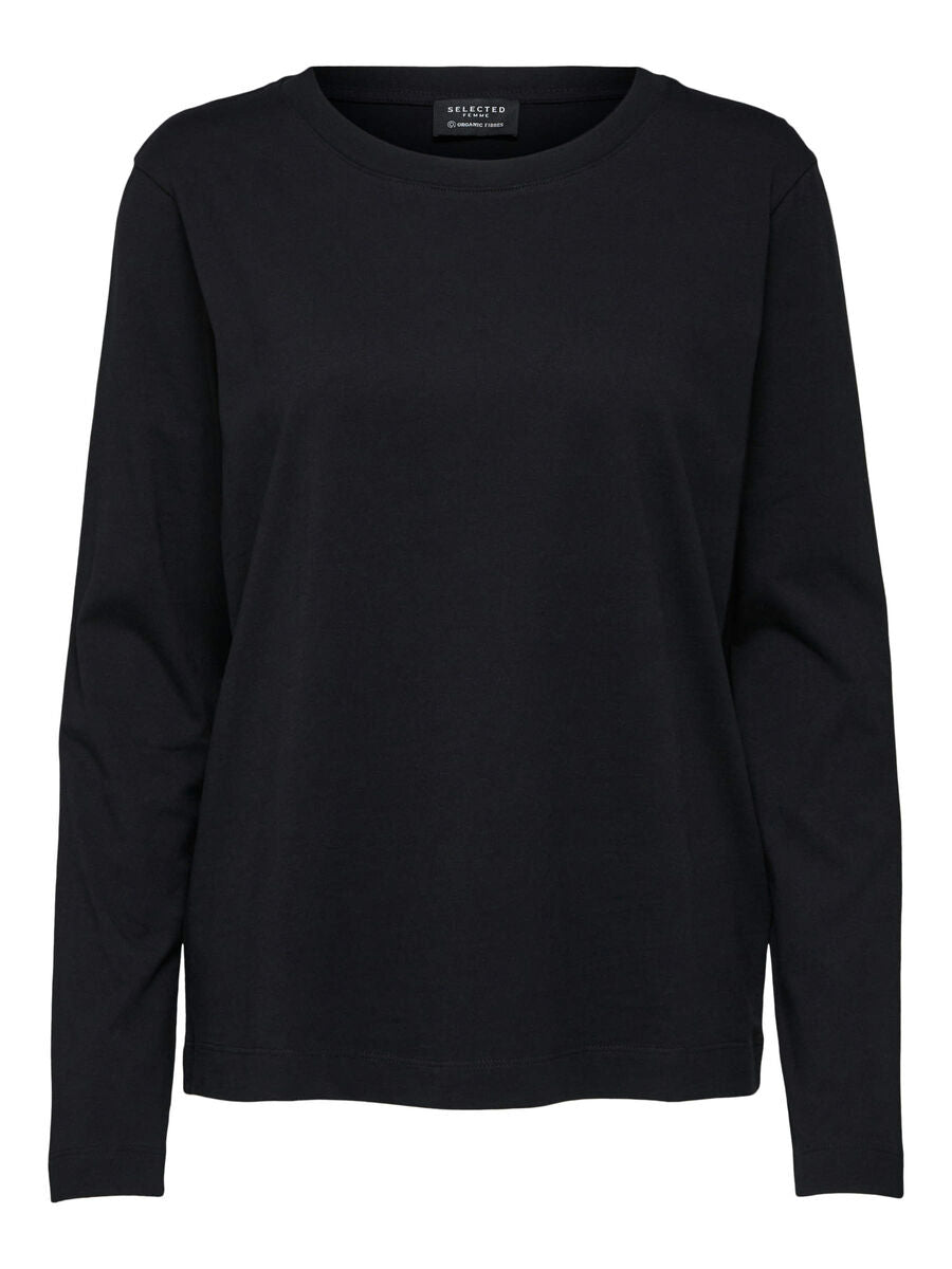 Selected Femme Basic Cotton Long Sleeved T-Shirt - Black