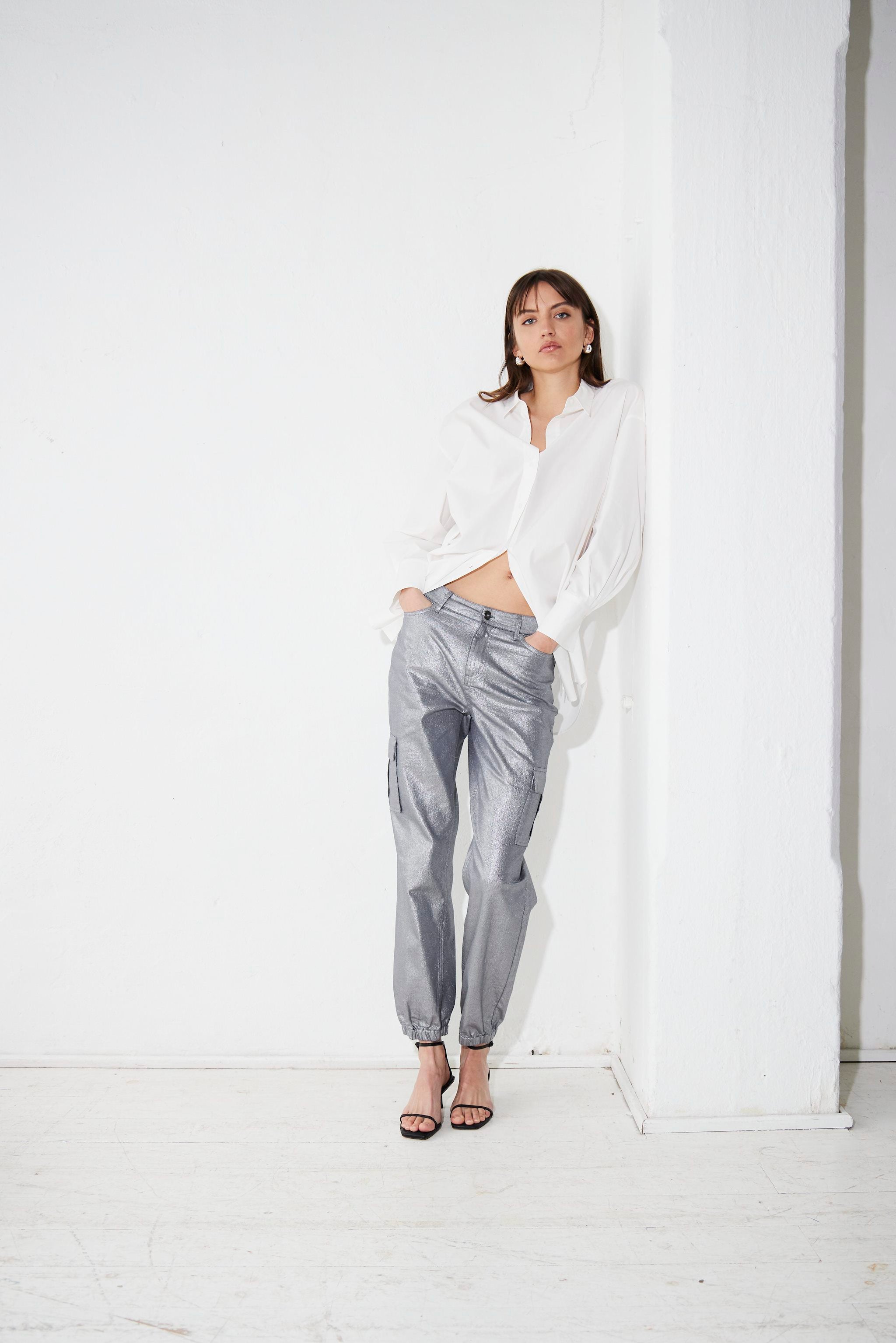 ICHI Metallic Cargo Jeans - Silver